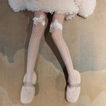 Sexy Japanese Style Stockings Lolita Bowknot Fishnet Knee Socks Anti-Snagging Women Hollow Lace Stocking Fish Net Pantyhose