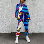 Spring New Streetwear Trend Long-Sleeve Two-Piece Set Women's Autumn Round Neck Loose Casual Sport Colorful Printed Sweater Suit