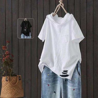 Women's Hooded T-shirt 2023 Original 95% Cotton Summer New Style Loose Cotton Short-sleeved Literary Hole Casual Women Clothing