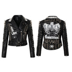 Spring and Autumn Punk High Waist Faux Leather Jacket  Women Graffiti Studded Rivet Fashion Streetwear Short Motorcycle Coat
