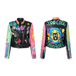 Spring and Autumn Punk High Waist Faux Leather Jacket  Women Graffiti Studded Rivet Fashion Streetwear Short Motorcycle Coat