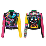 Spring and Autumn Punk High Waist Faux Leather Jacket  Women Graffiti Studded Rivet Fashion Streetwear Short Motorcycle Coat