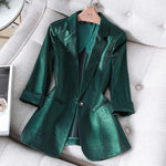 Women Satin Silk Blazers 2023 Autumn Solid Color Notched Collar Single Button Blazer Ladies OL Elegant Slim Glossy Suit Coat
