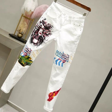 Women White Denim Pants Cartoon Graffiti Flowers Print Stretched Jeans Vintage Slim Body Capris Jeans Fashion party jeans