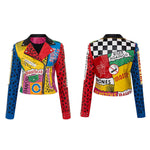 Spring and Autumn Punk High Waist Faux Leather Jacket  Women Graffiti Studded Rivet Fashion Streetwear Short Motorcycle Coat