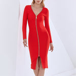 2022 New Summer Women Midi Bandage Dress Sexy O Neck Long Sleeve Backless Zipper Design Club Celebrity Party Female Vestidos