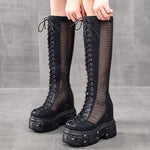 Summer New European America Style Height Increasing Platform Rivet Cut Out Mesh Genuine Leather Women Knee-High Long Boots 0704