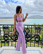 2021 Summer New Fashion Celebrity Sexy Bandage Two-piece Set Tight Short Top & High Waist Flared Trousers Pants Set