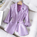 Women Satin Silk Blazers 2023 Autumn Solid Color Notched Collar Single Button Blazer Ladies OL Elegant Slim Glossy Suit Coat