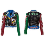 Spring and Autumn Punk High Waist Faux Leather Jacket  Women Graffiti Studded Rivet Fashion Streetwear Short Motorcycle Coat