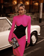 Women O Neck Bandage Dress  New Summer Sexy Long Sleeve Fashion Stitching Tight Patchwork Club Female Party Midi Vestidos