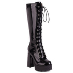Female Motorcycle Boots Platform Chunky Heel Knee High Med Calf Boots 2021 New Arrivals Platform Chunky Heel Lace Up Red Black