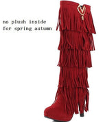 Europe America Thin High Heel Tassel Winter Women Knee High Boots Lady Fringe Spring Autumn Flock Long Boots Plus Size 34-43