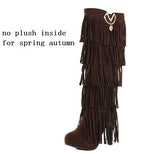 Europe America Thin High Heel Tassel Winter Women Knee High Boots Lady Fringe Spring Autumn Flock Long Boots Plus Size 34-43