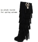 Europe America Thin High Heel Tassel Winter Women Knee High Boots Lady Fringe Spring Autumn Flock Long Boots Plus Size 34-43