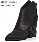 Spring Autumn Fashion Thick High Heels Pointed Toe Rivet Genuine Leather Women Ankle Short Modern Boots Winter Plush Inside