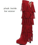 Europe America Thin High Heel Tassel Winter Women Knee High Boots Lady Fringe Spring Autumn Flock Long Boots Plus Size 34-43