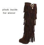 Europe America Thin High Heel Tassel Winter Women Knee High Boots Lady Fringe Spring Autumn Flock Long Boots Plus Size 34-43