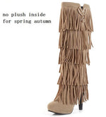 Europe America Thin High Heel Tassel Winter Women Knee High Boots Lady Fringe Spring Autumn Flock Long Boots Plus Size 34-43