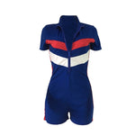 Summer Playsuits Bodycon Jumpsuit Shorts for Women Short Sleeve Turtleneck Zipper Fly Fitness Romper Striped Casual Bodysuits