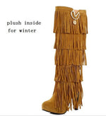 Europe America Thin High Heel Tassel Winter Women Knee High Boots Lady Fringe Spring Autumn Flock Long Boots Plus Size 34-43