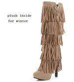 Europe America Thin High Heel Tassel Winter Women Knee High Boots Lady Fringe Spring Autumn Flock Long Boots Plus Size 34-43