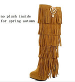 Europe America Thin High Heel Tassel Winter Women Knee High Boots Lady Fringe Spring Autumn Flock Long Boots Plus Size 34-43