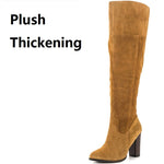 Winter New Fashion Thick High Heels Pointed Toe Sewing Plush Inside Genuine Leather Plus Size 43 44 Women Knee-High Long Boots