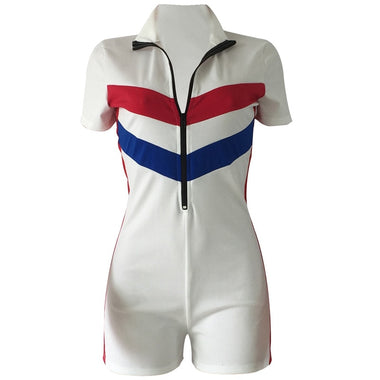 Summer Playsuits Bodycon Jumpsuit Shorts for Women Short Sleeve Turtleneck Zipper Fly Fitness Romper Striped Casual Bodysuits