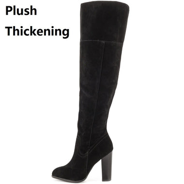 Winter New Fashion Thick High Heels Pointed Toe Sewing Plush Inside Genuine Leather Plus Size 43 44 Women Knee-High Long Boots