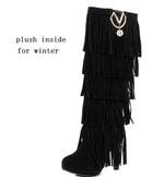 Europe America Thin High Heel Tassel Winter Women Knee High Boots Lady Fringe Spring Autumn Flock Long Boots Plus Size 34-43