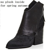 Spring Autumn Fashion Thick High Heels Pointed Toe Rivet Genuine Leather Women Ankle Short Modern Boots Winter Plush Inside