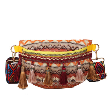 Women Folk Style Waist Bags with Adjustable Strap Variegated Color Fanny Pack with Fringe Decor