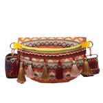Women Folk Style Waist Bags with Adjustable Strap Variegated Color Fanny Pack with Fringe Decor