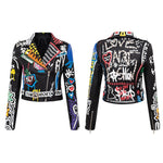 Spring and Autumn Punk High Waist Faux Leather Jacket  Women Graffiti Studded Rivet Fashion Streetwear Short Motorcycle Coat