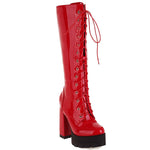 Female Motorcycle Boots Platform Chunky Heel Knee High Med Calf Boots 2021 New Arrivals Platform Chunky Heel Lace Up Red Black