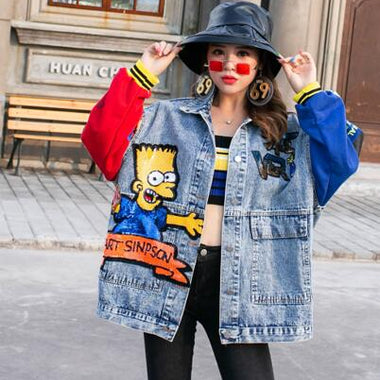Jeans Jacket Outerwear Autumn Fashion Cartoon Sequin Print Long Sleeve Jackets Coat Loose Streetwear Female Denim Jacket Women