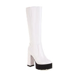 Female Motorcycle Boots Platform Chunky Heel Knee High Med Calf Boots 2021 New Arrivals Platform Chunky Heel Lace Up Red Black