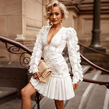 Summer Sexy Women Dress Fashion Mesh Embroidered V Neck Long Sleeve White Dress Celebrity Casual Lace Ruffled Mini Dress