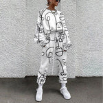 Spring New Streetwear Trend Long-Sleeve Two-Piece Set Women's Autumn Round Neck Loose Casual Sport Colorful Printed Sweater Suit
