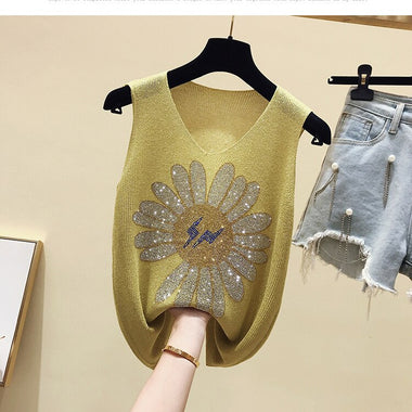 Plus Size Diamond-studded Camisole Women's Summer Loose Short Sleeveless Versatile V-neck Bottoming Shirt Tank Top Women