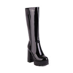 Female Motorcycle Boots Platform Chunky Heel Knee High Med Calf Boots 2021 New Arrivals Platform Chunky Heel Lace Up Red Black