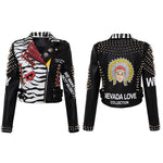 Spring and Autumn Punk High Waist Faux Leather Jacket  Women Graffiti Studded Rivet Fashion Streetwear Short Motorcycle Coat
