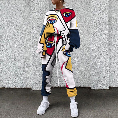 Spring New Streetwear Trend Long-Sleeve Two-Piece Set Women's Autumn Round Neck Loose Casual Sport Colorful Printed Sweater Suit