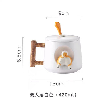 420ml Cartoon Ceramic Coffee Mug Cute 3D Shiba Inu Pattern With Lid Spoon Girls Favorite Gift Milk Tea Creative Breakfast Cups