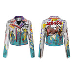 Spring and Autumn Punk High Waist Faux Leather Jacket  Women Graffiti Studded Rivet Fashion Streetwear Short Motorcycle Coat
