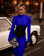 Women O Neck Bandage Dress  New Summer Sexy Long Sleeve Fashion Stitching Tight Patchwork Club Female Party Midi Vestidos