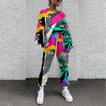 Spring New Streetwear Trend Long-Sleeve Two-Piece Set Women's Autumn Round Neck Loose Casual Sport Colorful Printed Sweater Suit
