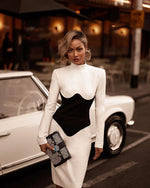 Women O Neck Bandage Dress  New Summer Sexy Long Sleeve Fashion Stitching Tight Patchwork Club Female Party Midi Vestidos
