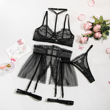 MIRABELLE Ruffle Sexy Lingerie sets for Women Lace Patchwork Fancy Underwear Bra Thong Garter Outfit Transparent Luxury Intimate
